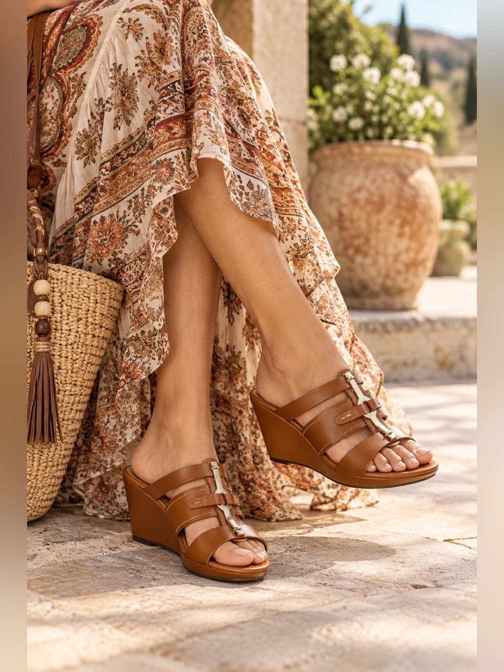 Rockport Women's Tan Leather Wedge Slide Sandals